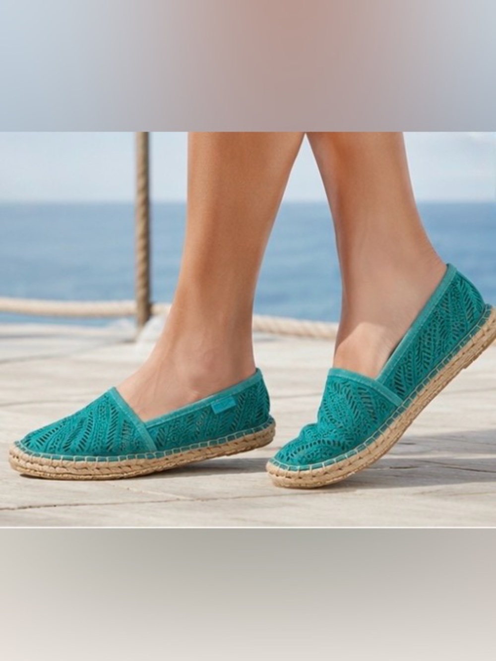 Coach Justeen Turquoise Blue Perforated Suede Whipstitched Espadrille Flats Sz 5 - Picture 2 of 15